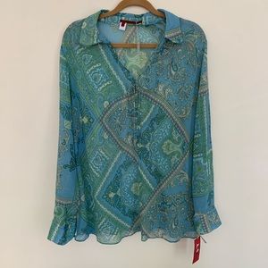 NWT 100% Silk Blue Green Paisley Blouse Top 2X